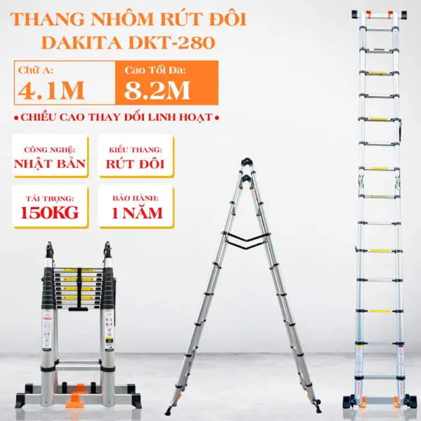 Thang rút đôi chữ A DAKITA DKT-280 [Chữ A: 4.1m Duỗi 8.2m]