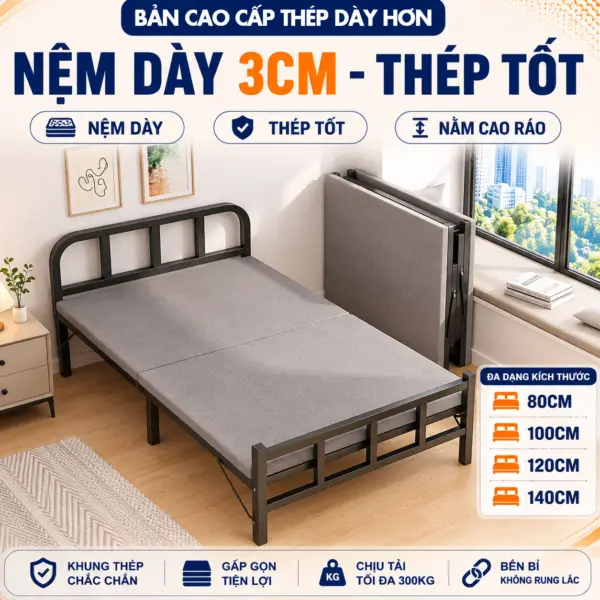[Bản Cao Cấp Thép Dày Hơn] Giường Ngủ Có Nệm Gấp Gọn DAKITA DKN-803D [Đủ Kích Thước 0.8m, 1m, 1.2m, 1.4m]