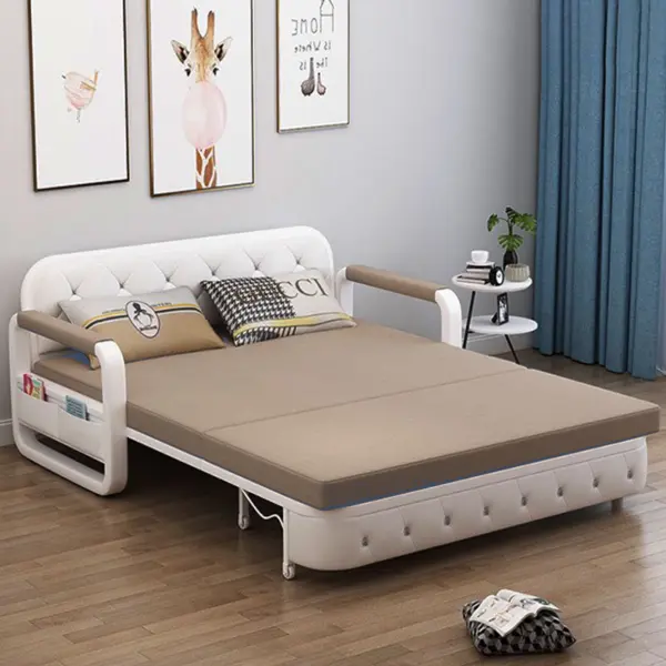 Sofa Giường Thông Minh Loại Vải Màu Kem Nệm Xơ Dừa Hộc Tủ Gỗ