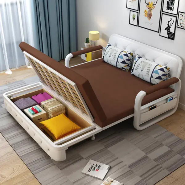 Sofa Giường Thông Minh Loại Vải Màu Nâu Nệm Xơ Dừa Hộc Tủ Gỗ