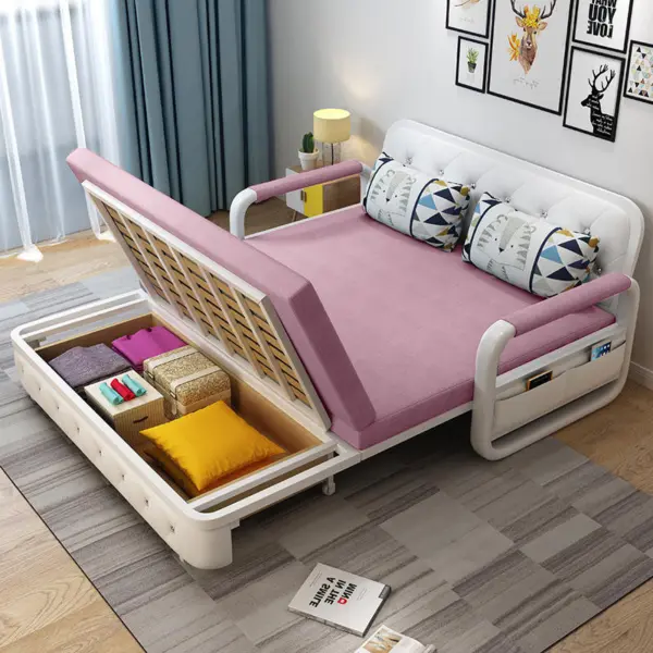 Sofa Giường Thông Minh Loại Vải Màu Hồng Nệm Xơ Dừa Hộc Tủ Gỗ