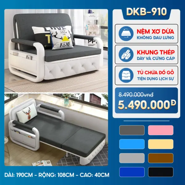 Sofa Giường DAKITA DKB-910- Rộng 1m - Nệm Xơ Dừa Không Lún - Hộc Tủ Gỗ