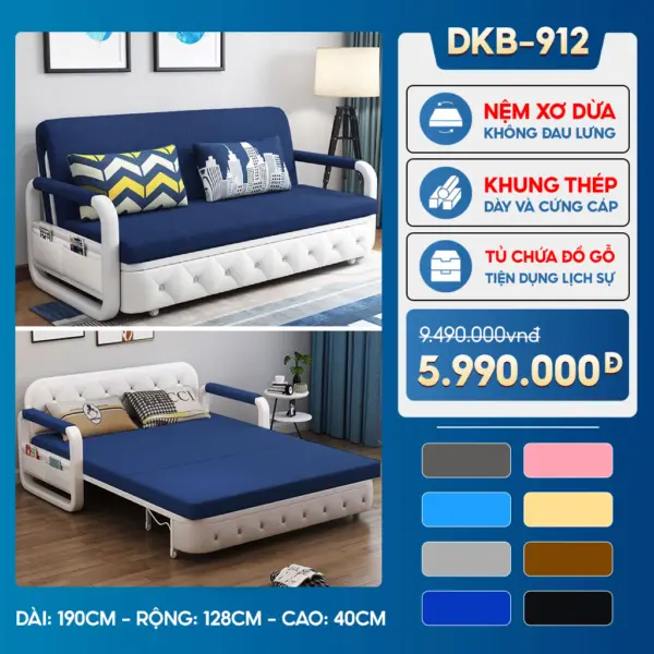 Sofa Giường DAKITA DKB-912 - Rộng 1.2m - Hộc Tủ Gỗ - Nệm Xơ Dừa Không Đau Lưng
