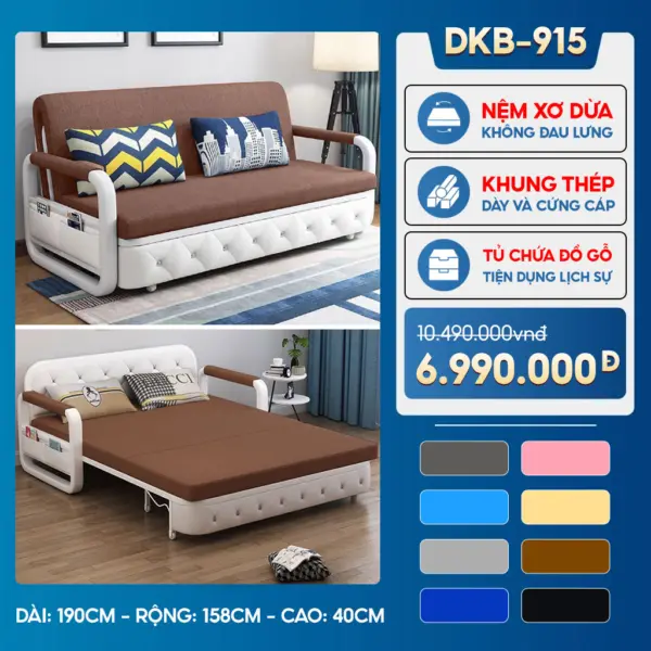 Sofa Giường DAKITA DKB-915 - Rộng 1.5m - Hộc Tủ Gỗ - Nệm Xơ Dừa