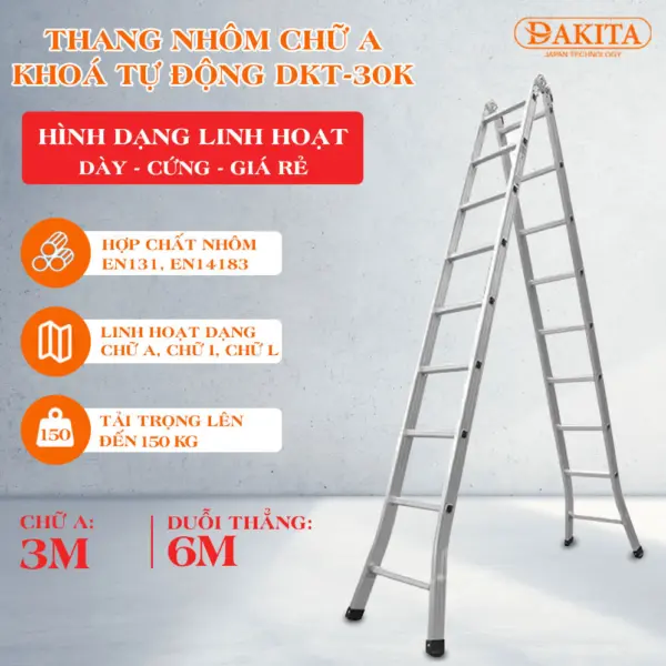 Thang Chữ A Khóa Tự Động DAKITA DKT-30K [ THANG DÀY CỨNG DUỖI 6M]