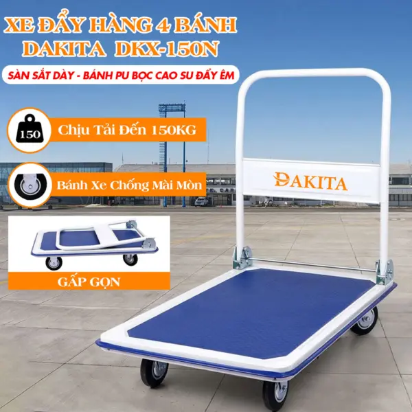 Xe Đẩy Hàng 4 Bánh DAKITA DKX-150N Tải 150Kg [Sàn Sắt Dày - Bánh PU Bọc Cao Su Đẩy Êm ]