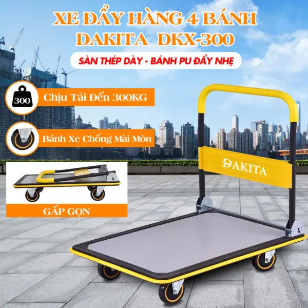 Xe Đẩy Hàng 4 Bánh DAKITA DKX-300 Tải 300Kg [Sàn Thép Dày - Bánh PU Đẩy Êm]