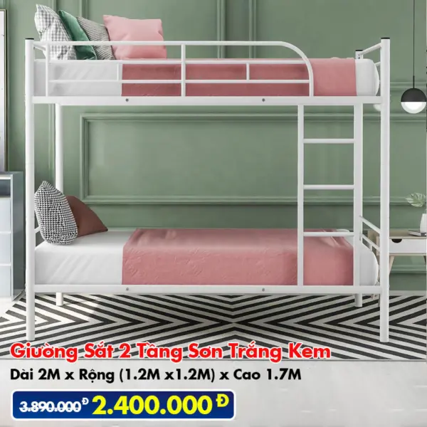 [Nhiều Kích Thước] Giường Sắt 2 Tầng Sơn Trắng Kem DAKITA