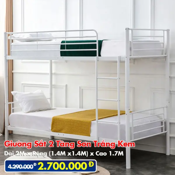 [Rộng 1.4m - Trắng Kem] Giường Sắt 2 Tầng Sơn Trắng Kem DAKITA