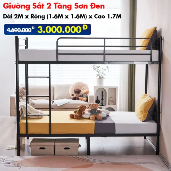 [Rộng 1.6m - Đen] Giường Sắt 2 Tầng Sơn Đen DAKITA