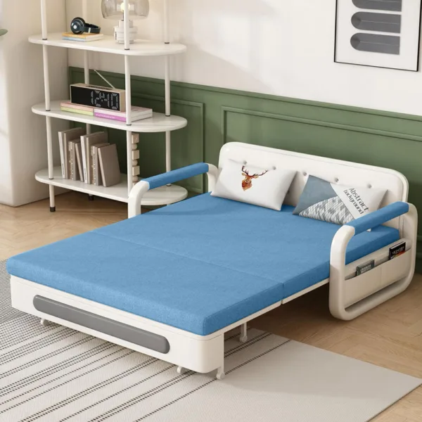 Sofa Giường Thông Minh Loại Vải Màu Xanh Thiên Thanh Nệm Xơ Dừa Hộc Tủ Gỗ