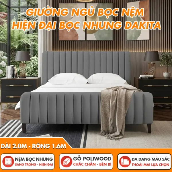 [Nhiều màu sắc] Giường Ngủ Hiện Đại Khung Gỗ Bọc Nệm Vải Nhung DKB-6001