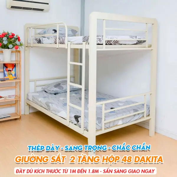 Giường Sắt Hai Tầng Hộp 48 Trên 1m Dưới 1m DAKITA Trắng