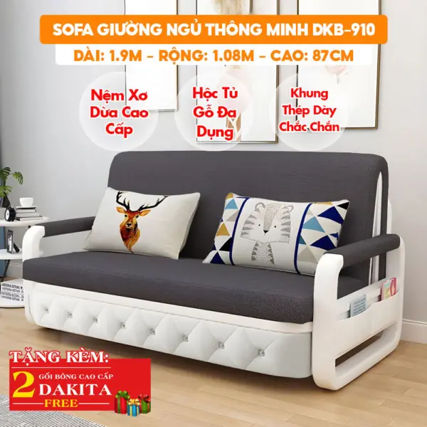 [Rộng 1.08m - Nệm Xơ Dừa] Sofa Giường DAKITA DKB-910- Rộng 1m - Nệm Xơ Dừa Không Lún - Hộc Tủ Gỗ - Xám Đen