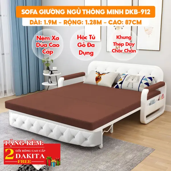 [Rộng 1.28m - Nệm Xơ Dừa] Sofa Giường DAKITA DKB-912 - Rộng 1.2m - Hộc Tủ Gỗ - Nệm Xơ Dừa Không Đau Lưng