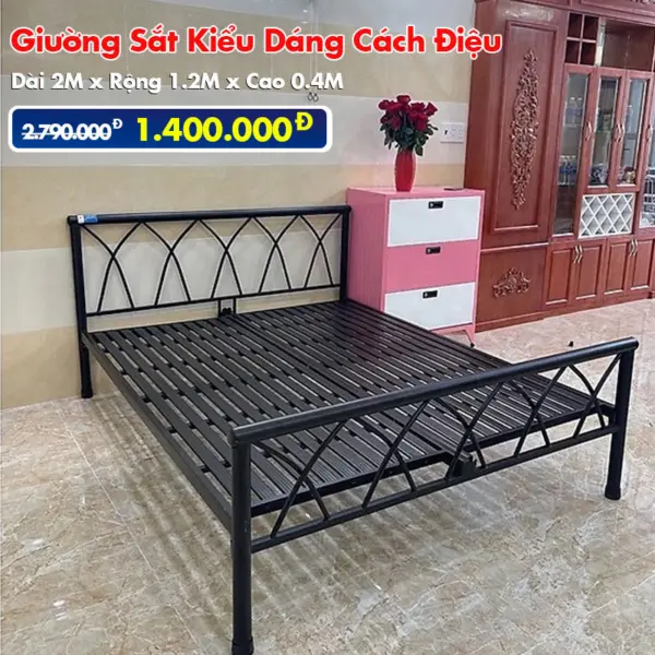 [Rộng 1.2m] Giường Sắt Kiểu Cách Điệu DAKITA Đen