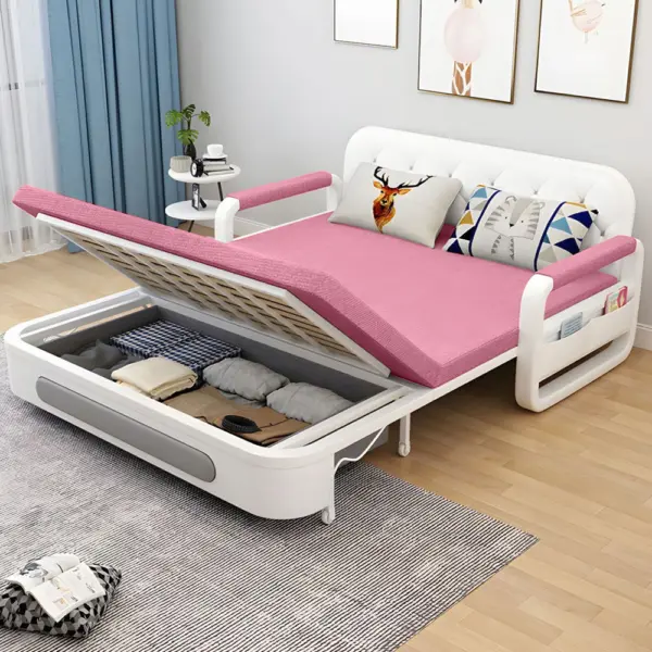 Sofa Giường Thông Minh Loại Vải Màu Hồng Nệm Xơ Dừa Hộc Tủ Gỗ