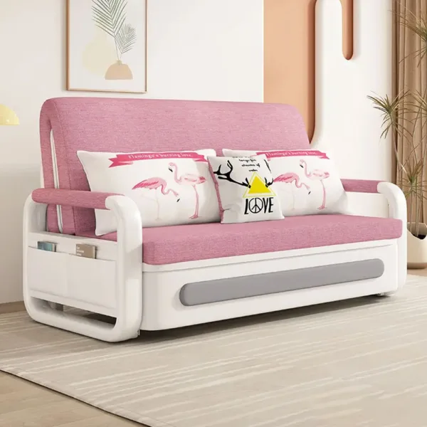 Sofa Giường Thông Minh Loại Vải Màu Hồng Nệm Xơ Dừa Hộc Tủ Gỗ