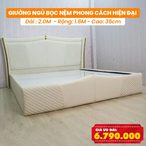 [Rộng 1.6m - Màu Kem] Giường Ngủ Bọc Nệm DAKITA Phong Cách Hiện Đại
