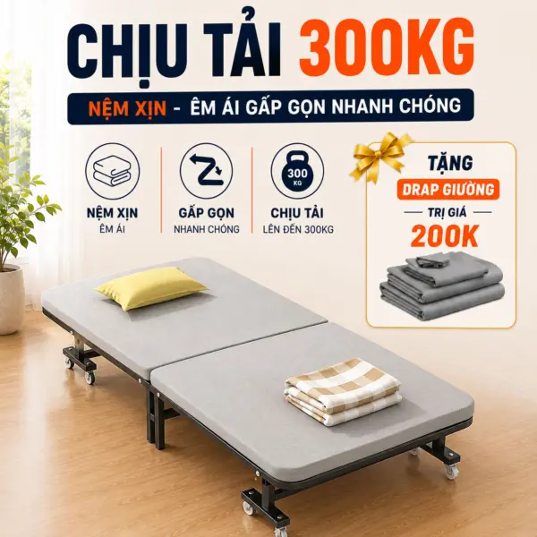 [KHUNG THÉP DÀY - NỆM ÊM - CÓ BÁNH XE] Giường Ngủ Có Nệm Gấp 2 Đoạn Dakita DKN-60