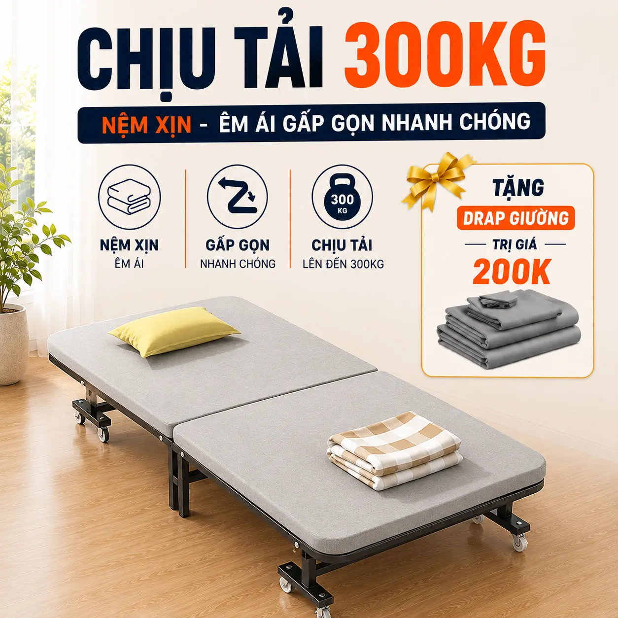 [KHUNG THÉP DÀY – NỆM ÊM – CÓ BÁNH XE] Giường Ngủ Có Nệm Gấp 2 Đoạn Dakita DKN-60