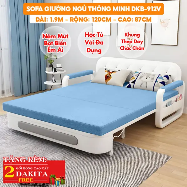 Sofa Giường Ngủ Thông Minh DKB-912V - Rộng 120cm - Nệm Mút Bọt Biển - Hộc Tủ Vải