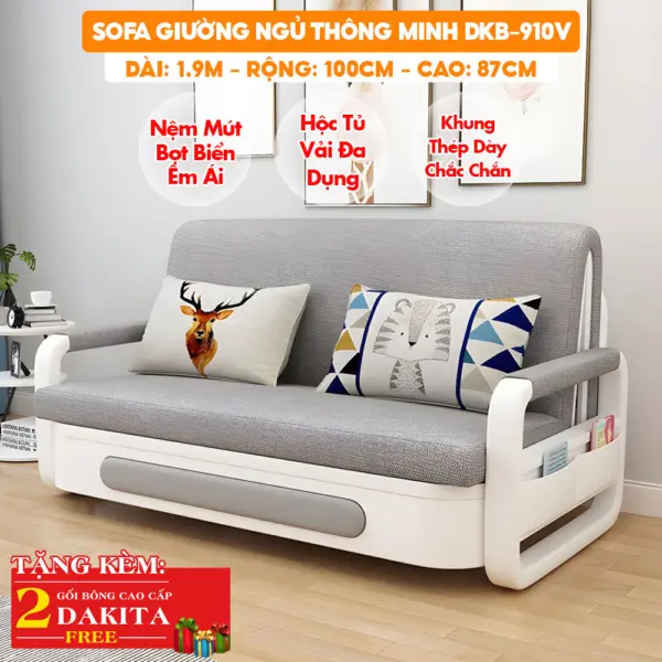 Sofa Giường Ngủ Thông Minh DKB-910V - Rộng 100cm - Nệm Mút Bọt Biển - Hộc Tủ Vải