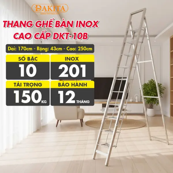 [10 Bậc - Khung Inox] THANG GHẾ BÀN INOX CAO CẤP DKT-10B