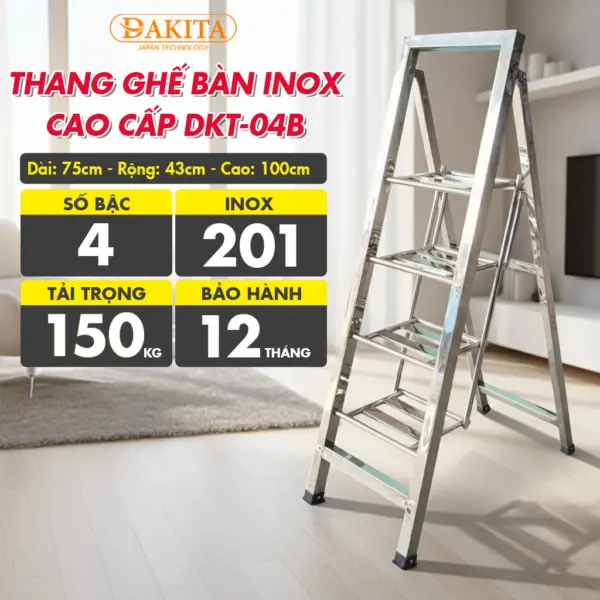 [4 Bậc - Khung Inox] THANG GHẾ BÀN INOX CAO CẤP DKT-04B