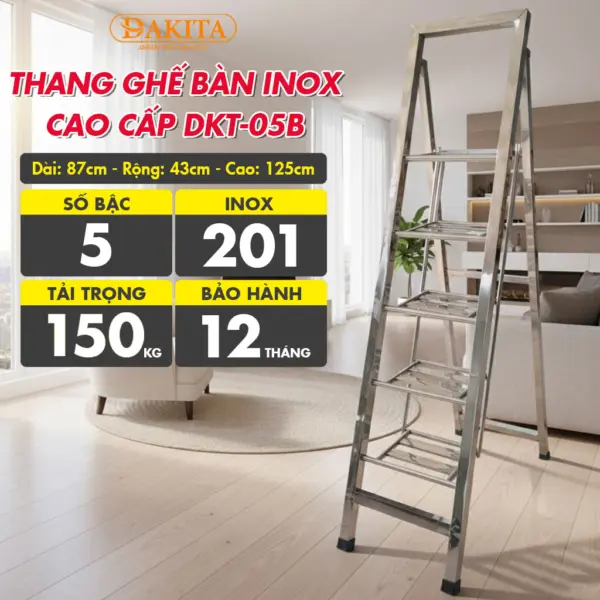 [5 Bậc - Khung Inox] THANG GHẾ BÀN INOX CAO CẤP DKT-05B