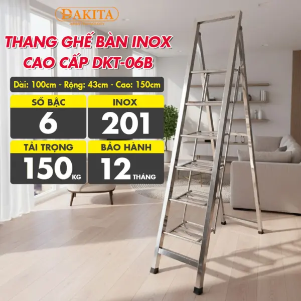 [6 Bậc - Khung Inox] THANG GHẾ BÀN INOX CAO CẤP DKT-06B