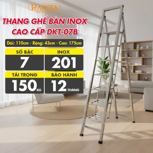 [7 Bậc - Khung Inox] THANG GHẾ BÀN INOX CAO CẤP DKT-07B