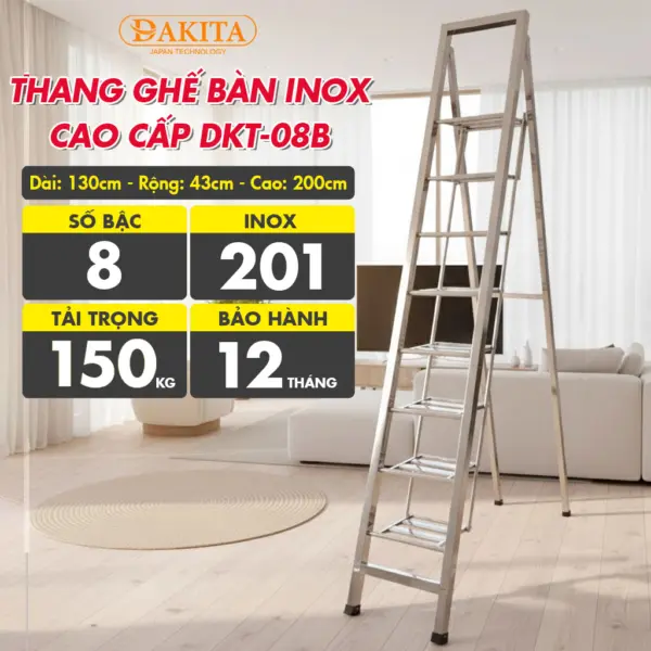 [8 Bậc - Khung Inox] THANG GHẾ BÀN INOX CAO CẤP DKT-08B