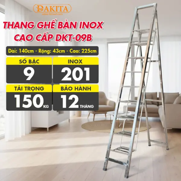 [9 Bậc - Khung Inox] THANG GHẾ BÀN INOX CAO CẤP DKT-09B