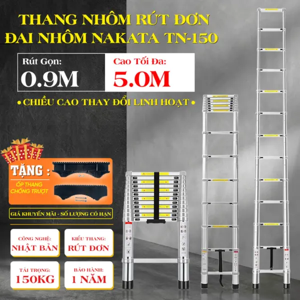 Thang Nhôm Rút Đơn Đai Nhôm NAKATA TN-150 [Cao tối đa 5.0m]