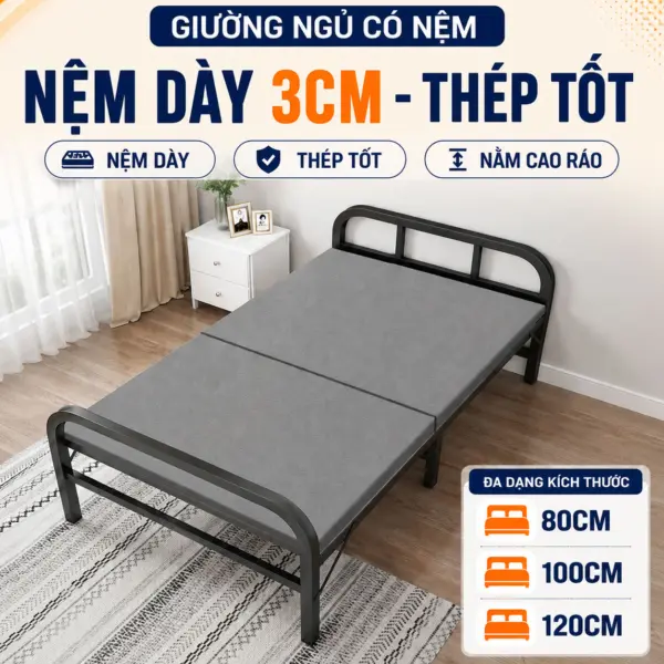 [NỆM DÀY - THÉP TỐT- NẰM CAO RÁO] Giường Ngủ Có Nệm Gấp Gọn DAKITA DKN-803V [Rộng 0.8m, 1m, 1.2m]