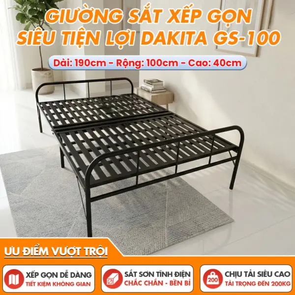 [Rộng 100cm] Giường Sắt Xếp Gọn Siêu Tiện Lợi Thương Hiệu DAKITA GS-100