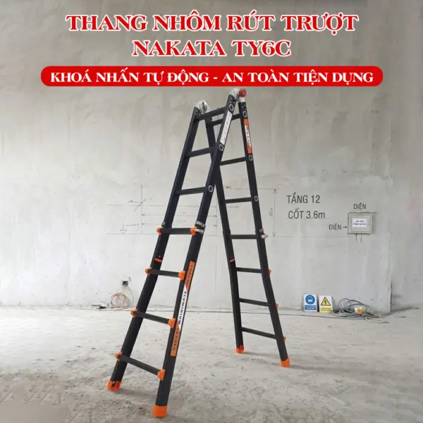 Thang Nhôm Rút Lồng Khoá Nhấn Tự Động Nakata TY6C - Màu Đen Cao Cấp