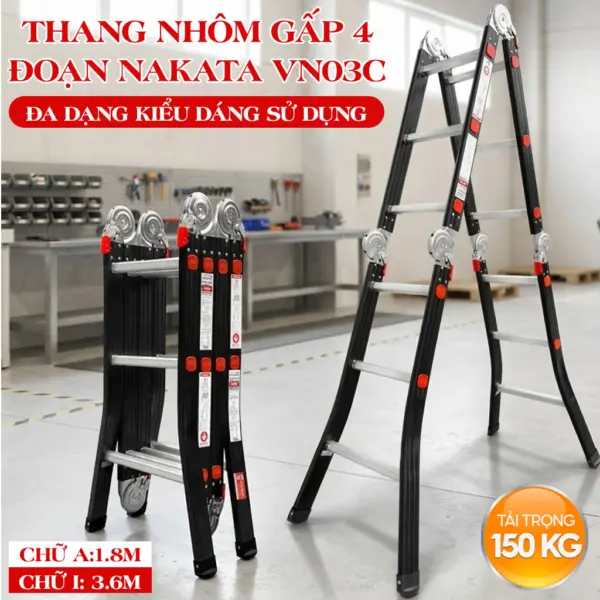 Thang Gấp 4 Đoạn Chân Choãi NAKATA 3 Bậc-VN03C - Duỗi Thẳng 3.6m