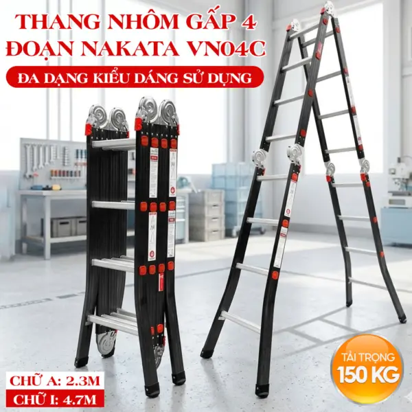 Thang Gấp 4 Đoạn Chân Choãi NAKATA 4 Bậc-VN04C - Duỗi Thẳng 4.7m
