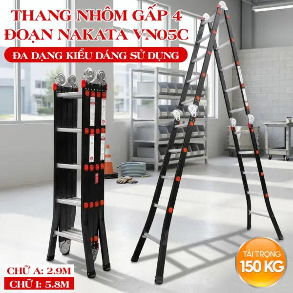 Thang Gấp 4 Đoạn Chân Choãi NAKATA 5 Bậc-VN05C - Duỗi Thẳng 5.8m