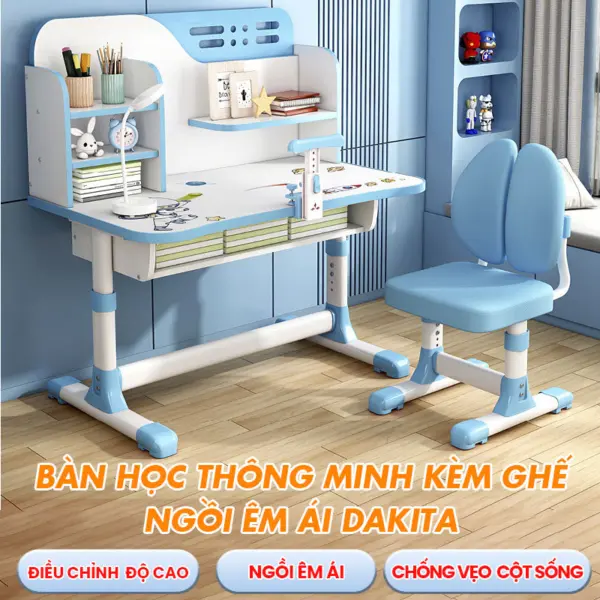 Bộ Bàn Học Sinh Thông Minh Chống Gù Chống Cận Tặng Kèm Ghế Cho Bé DAKITA