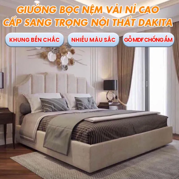 Giường Ngủ Bọc Vải Nỉ Hiện Đại Sang Trọng Thương Hiệu DAKITA Màu Kem