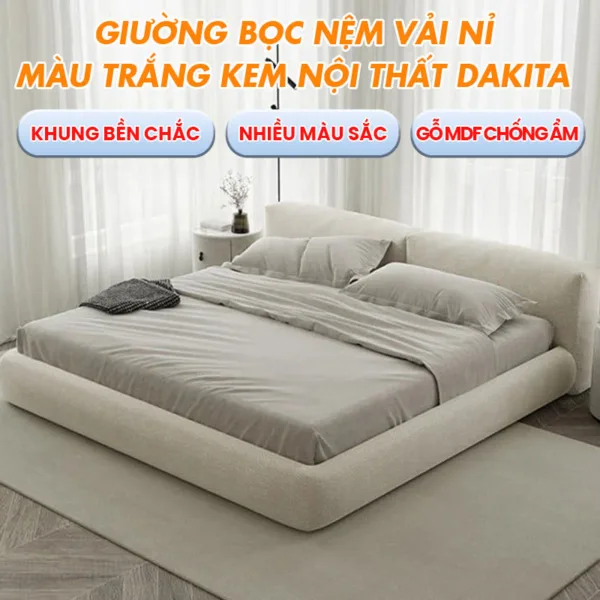 Giường Bọc Nệm Vải Nỉ Màu Trắng Kem Nội Thất DAKITA