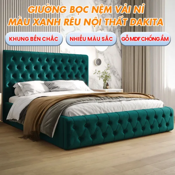 Giường Ngủ Bọc Vải Nỉ Màu Xanh Rêu Cao Cấp Thương Hiệu DAKITA