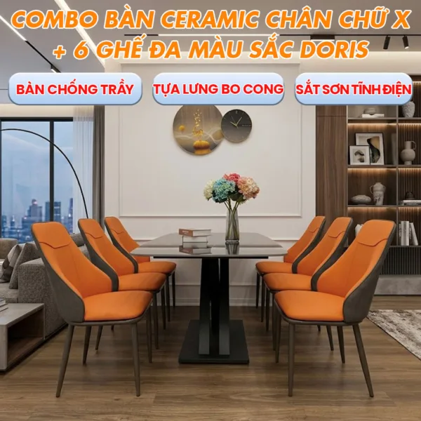 Combo Bàn Ceramic Chân Chữ X - 6 Ghế Nệm Doris