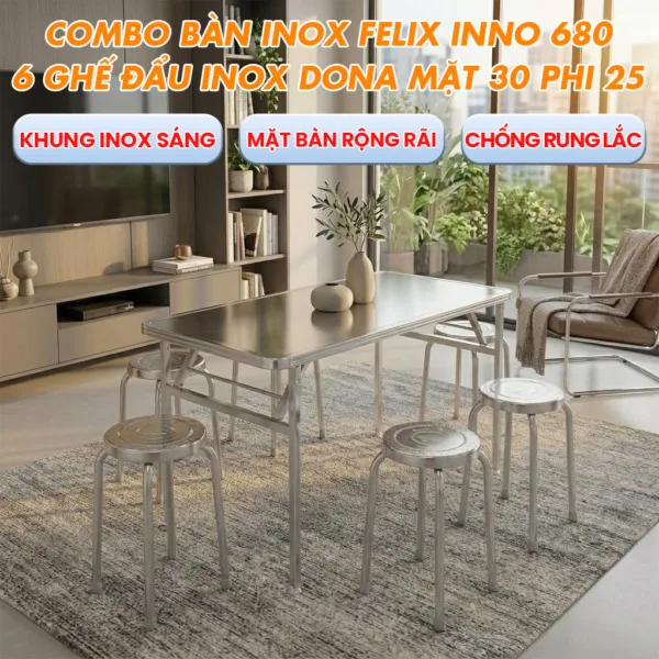 Bộ Bàn Inox FELIX Inno 201 + 6 Ghế Đẩu Inox DONA Mặt 30 Phi 25