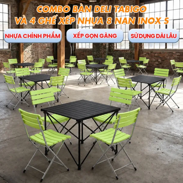 Combo Bàn Deli Tabigo + 4 Ghế Xếp Nhựa 8 Nan Inox S
