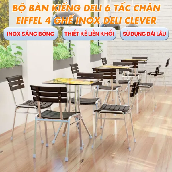 Combo Bàn kiếng Deli 6 Tấc Chân Eiffel + 4 Ghế Inox Deli Clever