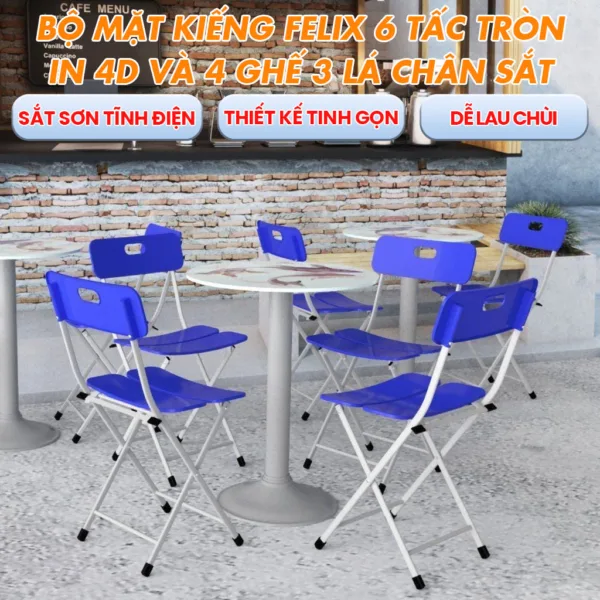 Combo Mặt Kiếng Felix 6 Tấc Tròn In 4D - Chân Mâm 1 Trụ Sắt + 4 Ghế 3 Lá Chân Sắt